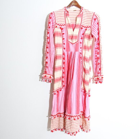 Dodo Bar Or Embroidered Stripe Midi Dress Tassel Fringe Pink Cotton Size Medium - Picture 3 of 14